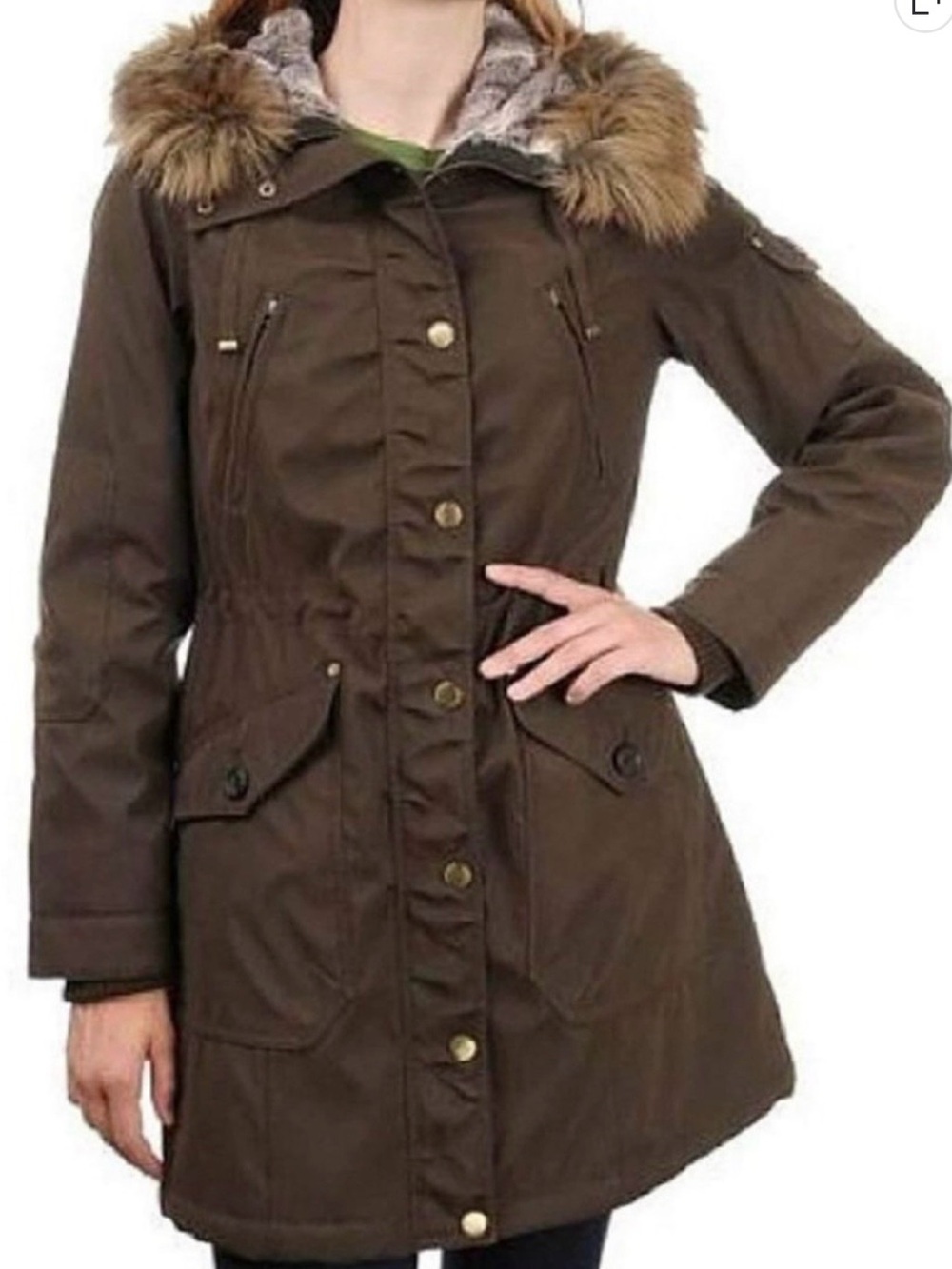 1 Madison Brown Faux-Fur hooded Trim Ski Parka Jacket size XL